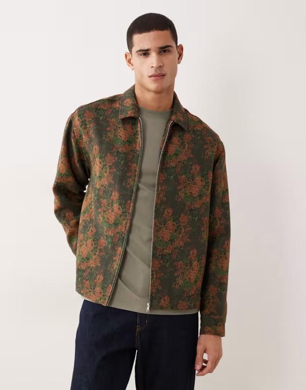 エイソス メンズ トップス シャツ フラワー柄 フラワー ASOS DESIGN boxy oversized zip up shirt in floral tapestry BROWN ブラウン