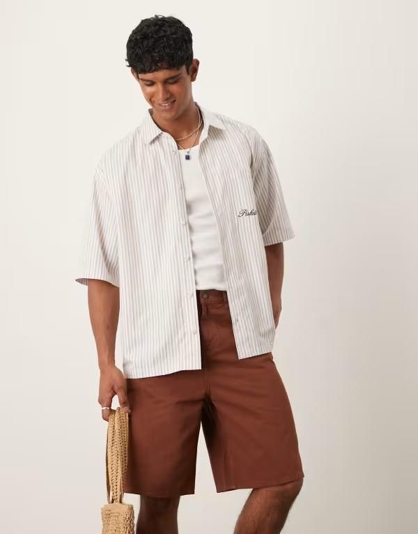エイソス メンズ トップス シャツ ASOS DESIGN oversized shirt stripe with chest embroidery BEIGE ベージュ