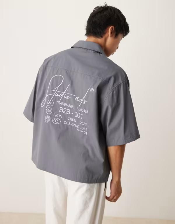 エイソス メンズ トップス シャツ ASOS DESIGN oversized half sleeve shirt with embroidery in dark Gray グレー