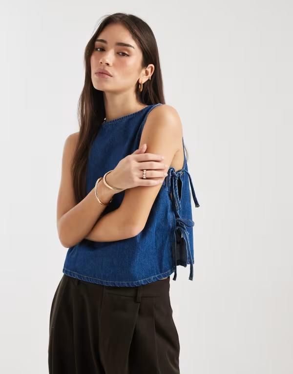 エイソス レディース トップス タンクトップ デニム ASOS DESIGN denim tabard tank top with tie up sides INDIGO インディゴ