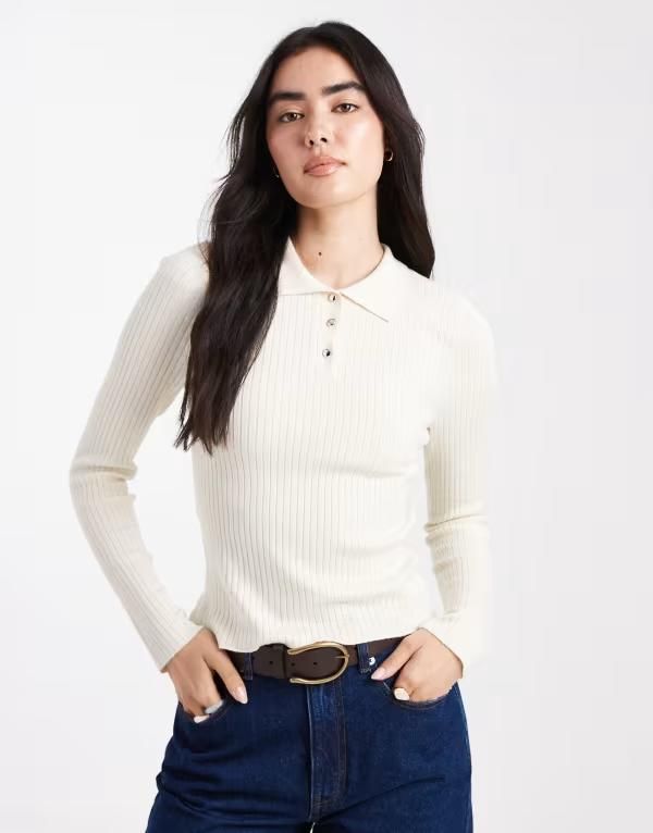 オンリー レディース トップス ポロシャツ リブ ONLY ribbed long sleeve polo in light BEIGE ベージュ