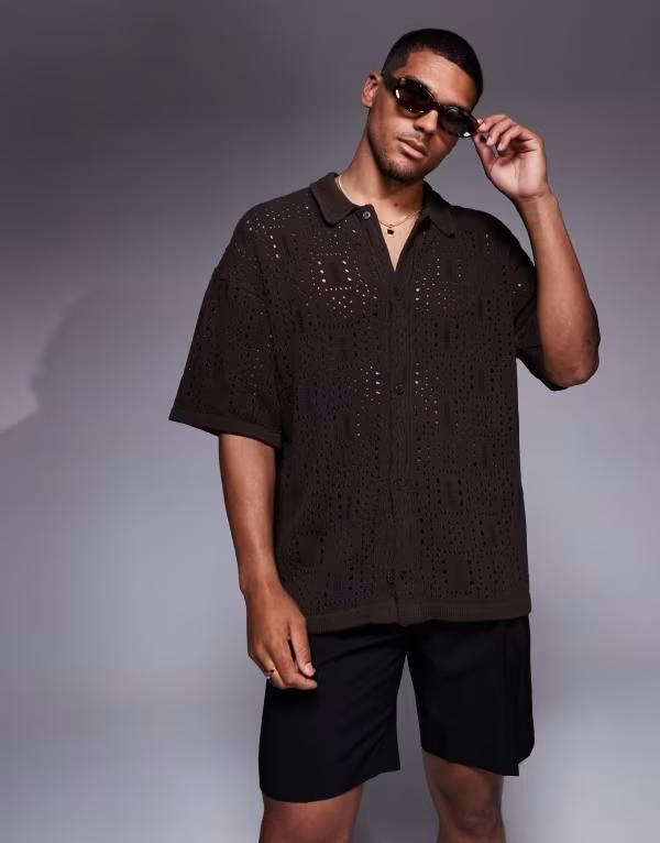 アダプト メンズ トップス シャツ ニット ADPT knit crochet shirt CHOCOLATE BROWN ブラウン