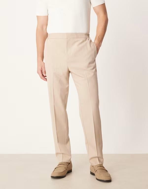 エイソス メンズ ボトムス カジュアルパンツ パンツ ASOS DESIGN smart tapered pants in neutral pinstripe STONE ストーン