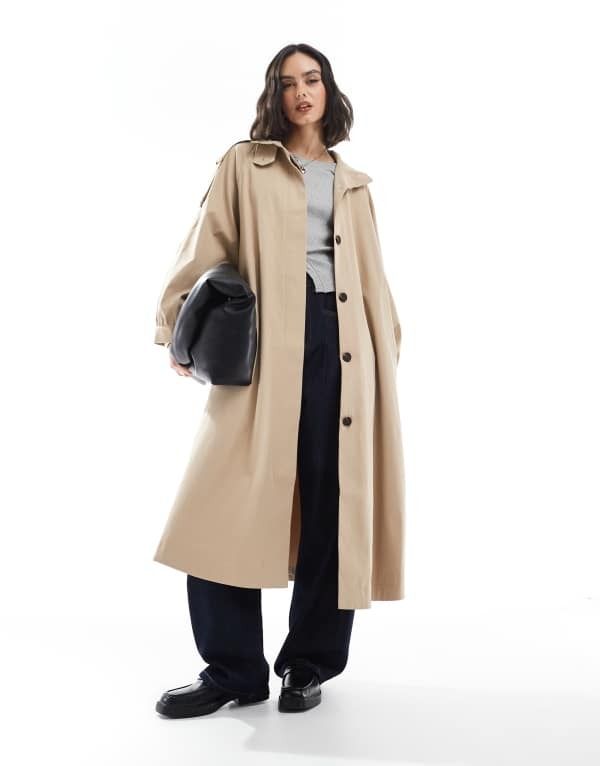 エイソス レディース アウター コート スタンドネック ASOS DESIGN funnel neck longline trench coat in stone Stone ストーン