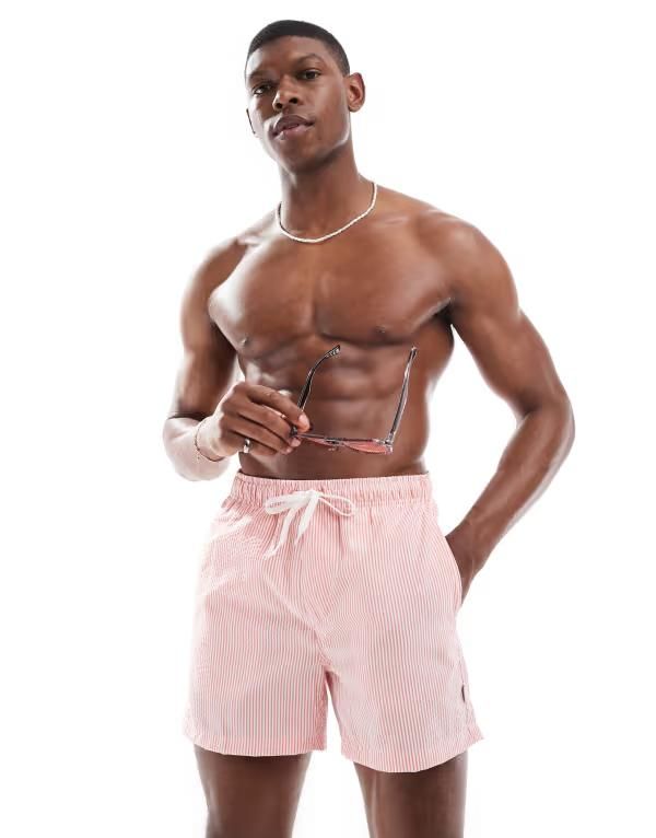 オンリーアンドサンズ メンズ 水着 ハーフパンツ・ショーツ ショートパンツ ONLY SONSeersucker swim shorts in coral stripes Porcelain rose
