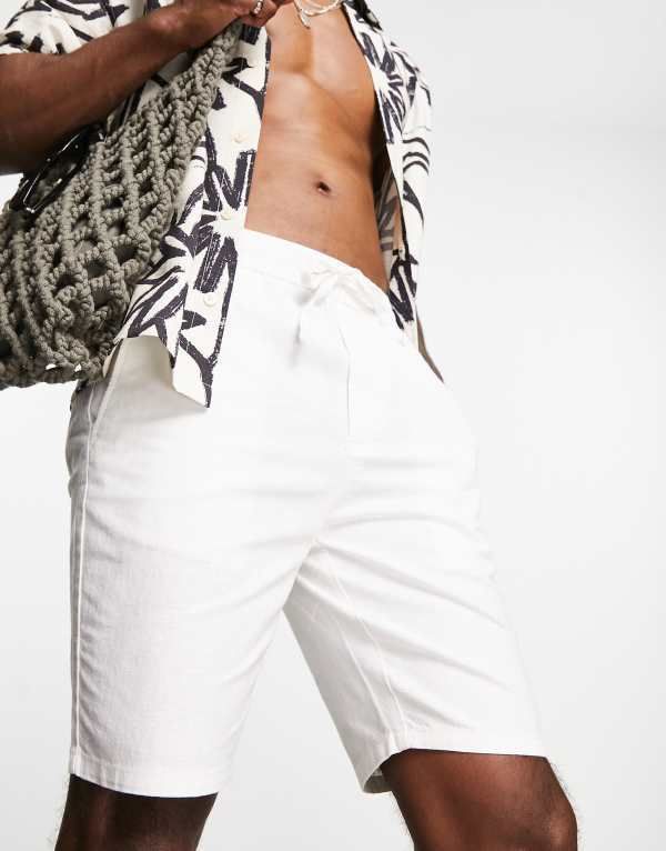 オンリーアンドサンズ メンズ ボトムス ハーフパンツ・ショーツ ショートパンツ リネン Only Sons linen mix elastic waist shorts Bright white ホワ