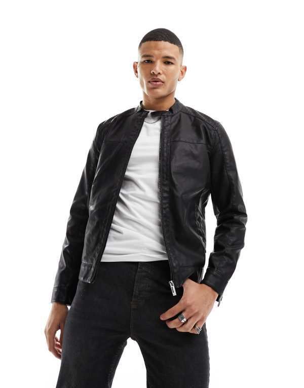 オンリーアンドサンズ メンズ アウター ジャケット・ブルゾン レザー フェイクレザー ジャケット Only Sons faux leather bomber jacket Black ブラック