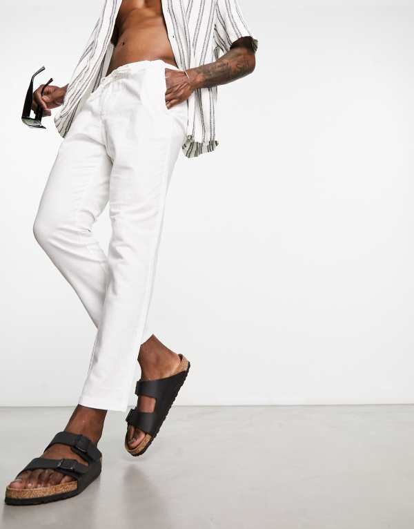 オンリーアンドサンズ メンズ ボトムス カジュアルパンツ テーパードフィット パンツ リネン Only Sons linen mix tapered fit pants Bright White ホワ