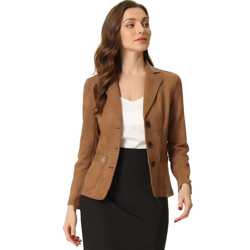 アレグラ ケー レディース アウター ジャケット・ブルゾン ボタンダウン スエード ダウン ブレザー ALLEGRA K Womens Faux Suede Lapel Collar Button D