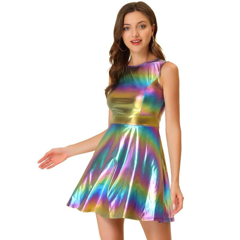 アレグラ ケー レディース トップス ワンピース ハイウエストール ノースリーブ ALLEGRA K Womens Metallic Sleeveless Round Neck High Waist