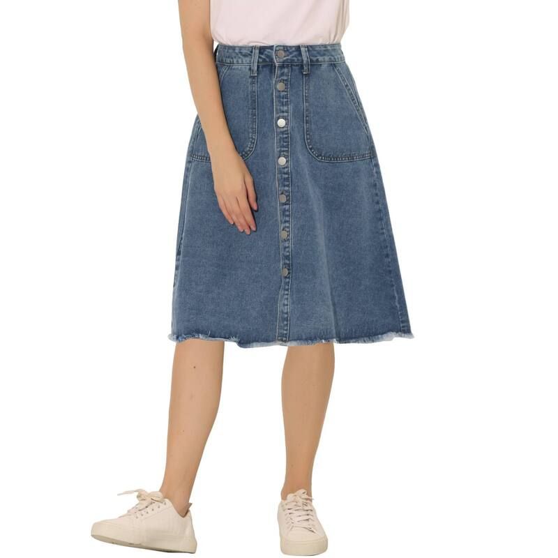 アレグラ ケー レディース ボトムスカート ボタンダウン A ライン ミディ ダウン デニム ジーンズ ALLEGRA K Womens Denim Skirt Raw Hem Button Down