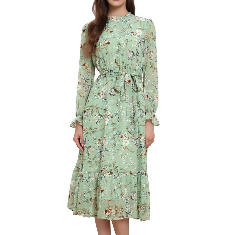 アレグラ ケー レディース トップス ワンピース モックネック シフォン フラワー柄 ミディ フラワー ALLEGRA K Floral Mock Neck Dress for Womens Long