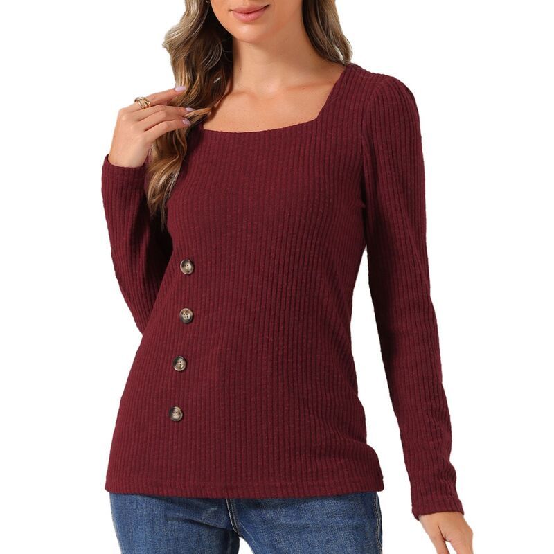 アレグラ ケー レディース アウター ニット・セーター ALLEGRA K Long Sleeve Tops for Womens Button Decor Square Neck Sweater T 11,235円