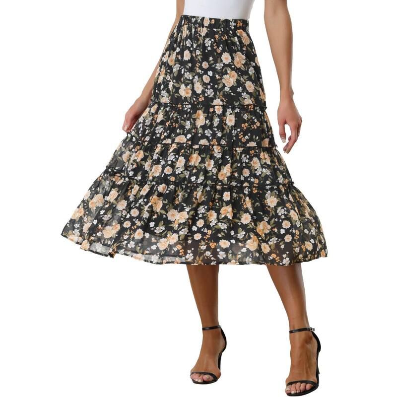 アレグラ ケー レディース ボトムスカート ティアード フラワー柄 プリント フリル マキシ フラワー ALLEGRA K Womens Floral Print Elastic Waist Ruff