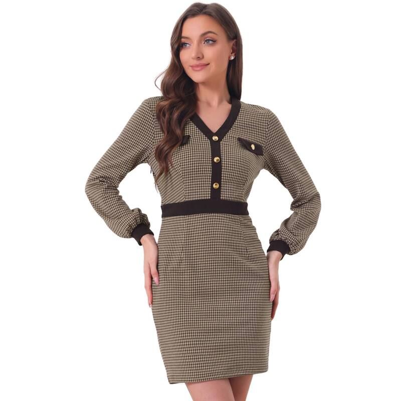 アレグラ ケー レディース トップス ワンピース Vネック ALLEGRA K Houndstooth Dress For Womens V Neck Long Sleeves Elegant She