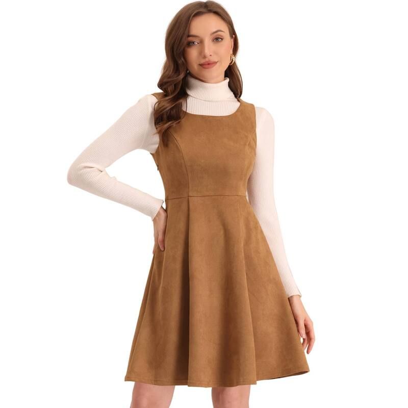 アレグラ ケー レディース トップス ワンピース A ライン プリーツ オーバーオール スエード ノースリーブ ALLEGRA K Faux Suede Overall Dress for Women