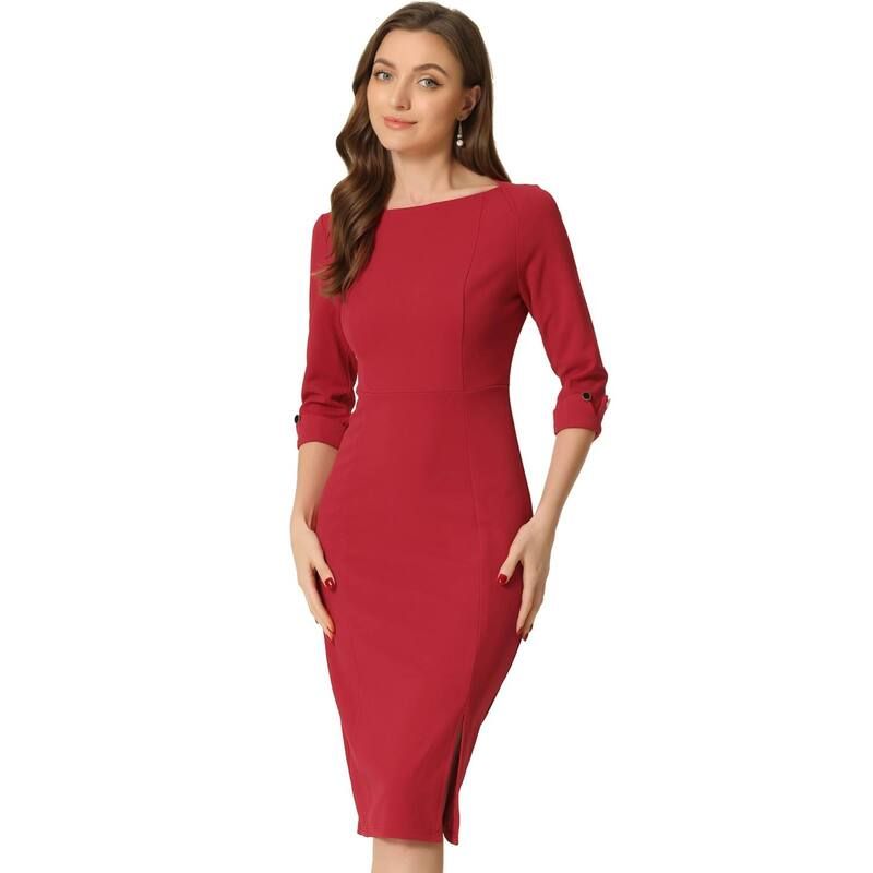 アレグラ ケー レディース トップス ワンピース ミディ ALLEGRA K Womens Elegant Boat Neck 34 Sleeves Wear To Work Midi Split S
