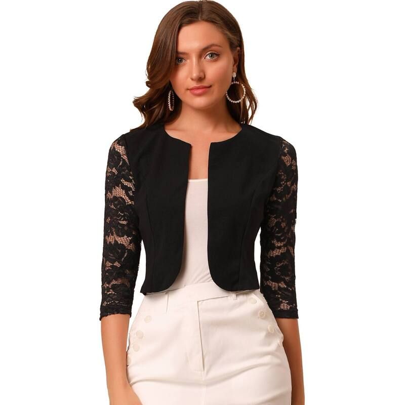 アレグラ ケー レディース アウター ニット・セーター カーディガン レース ALLEGRA K Womens Leisure Lace 34 Sleeve Crop Shrug Cardigan B