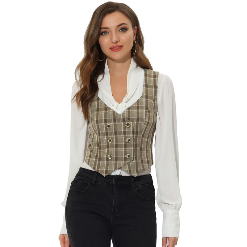 アレグラ ケー レディース アウター ジャケット・ブルゾン ウエストマーク ベスト ALLEGRA K Womens Plaidouble Breasted Cinched Waist Racerba
