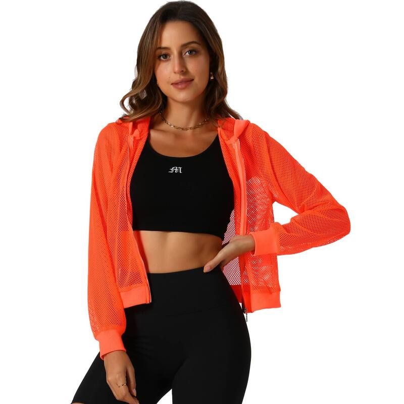 アレグラ ケー レディース アウター ジャケット・ブルゾン メッシュ パーカー ALLEGRA K Hoodie Mesh Bomber Jacket Orange オレンジ