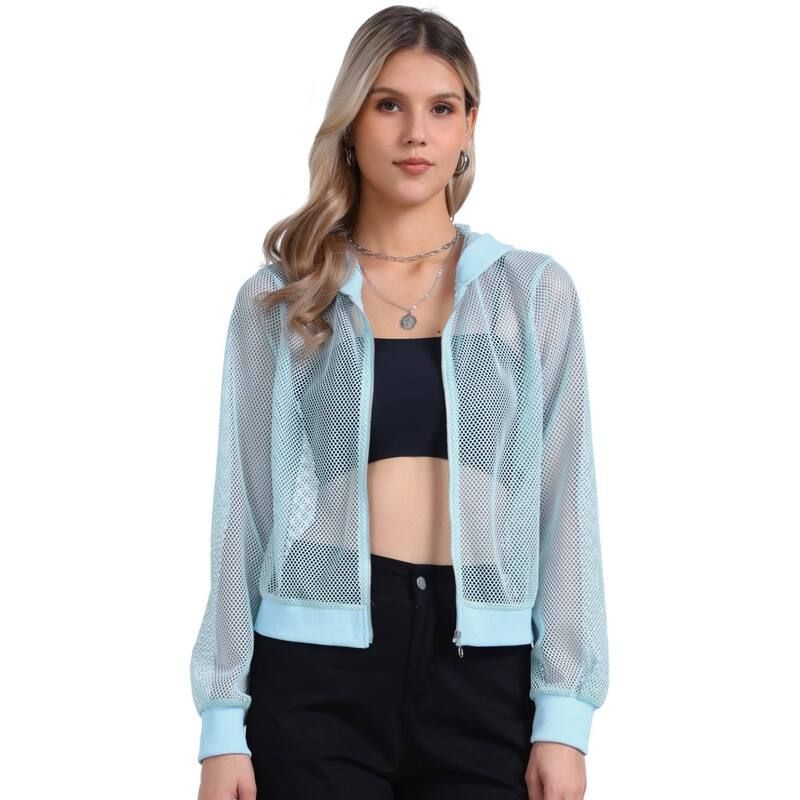 アレグラ ケー レディース アウター ジャケット・ブルゾン メッシュ パーカー ALLEGRA K Hoodie Mesh Bomber Jacket Light Blue ブルー