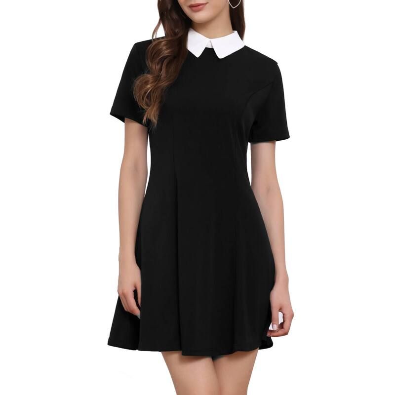 アレグラ ケー レディース トップス ワンピース コントラスト ALLEGRA K Womens Peter Pan Contrast Collar Short Sleeves Flare Dress