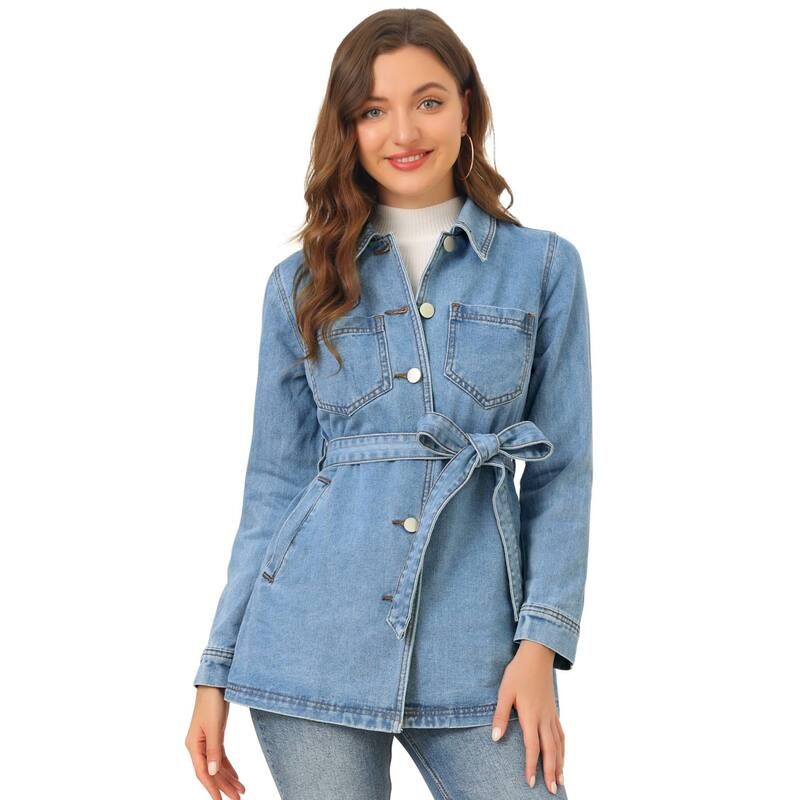 アレグラ ケー レディース アウター ジャケット・ブルゾン デニム ALLEGRA K Womens Raglan Sleeves Button Up Tie Belt Waist Boyfriend