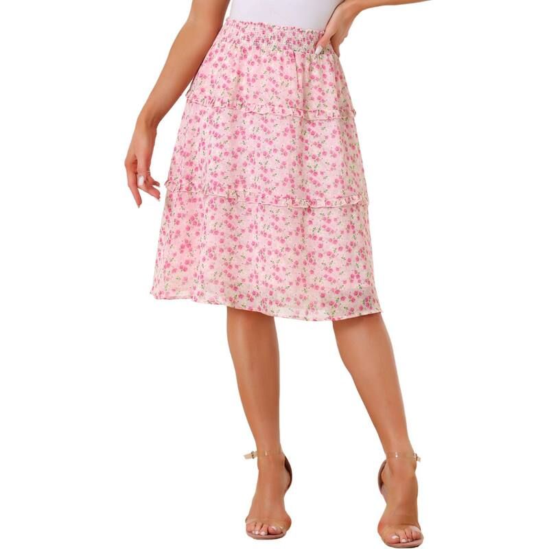 アレグラ ケー レディース ボトムスカート フリル裾 シフォン フラワー柄 フリル ミディ フラワー ALLEGRA K Womens Floral Chiffon Elastic Waist Lay