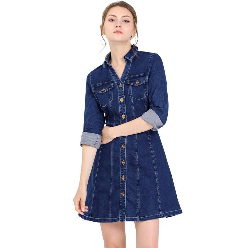 アレグラ ケー レディース トップス ワンピース Vネック シャツ デニム ALLEGRA K Womens Denim VNeck Roll Up Sleeve Shirt Dress Deep B
