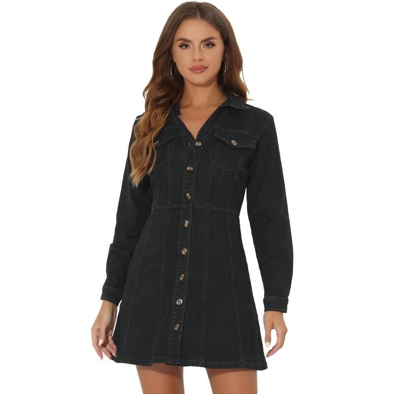 アレグラ ケー レディース トップス ワンピース Vネック シャツ デニム ALLEGRA K Womens Denim VNeck Roll Up Sleeve Shirt Dress Black