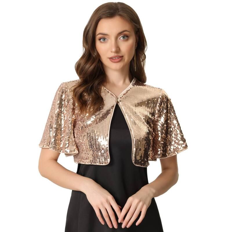 アレグラ ケー レディース アウター ニット・セーター スパンコール ジャケット ALLEGRA K Sequin Shrug Bolero For Womens Flared Sleeve Crop