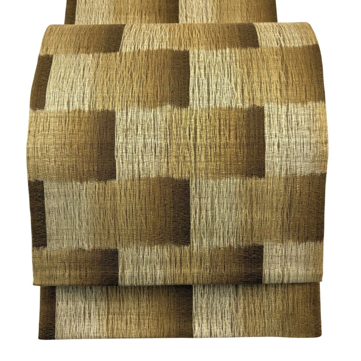 【美品】 袋帯 秀品 夏帯 変わり市松 黄土色 全通 正絹 【中古】