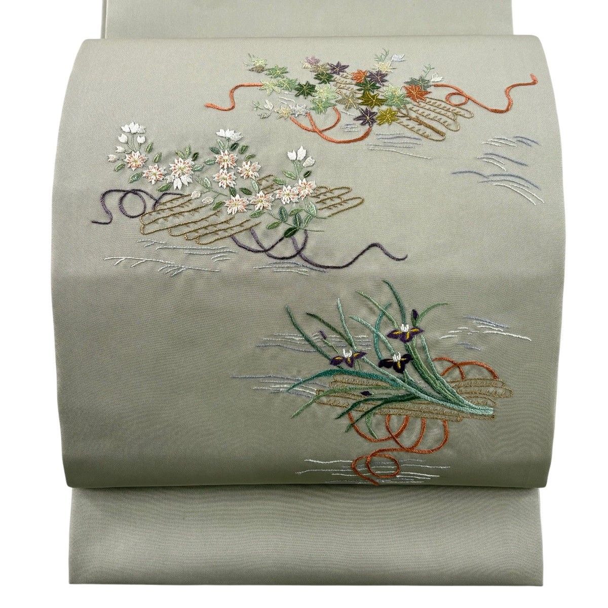 開き名古屋帯 秀品 花筏 流水 金糸 刺繍 灰色 正絹 【中古】