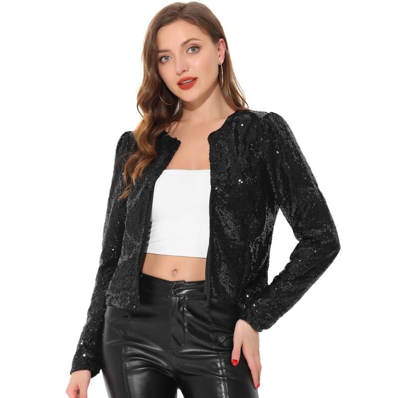 アレグラ ケー レディース アウター ジャケット・ブルゾン スパンコール ブレザー ALLEGRA K Womens Cropen Front Blazer Puffy Long Sleeve Spa