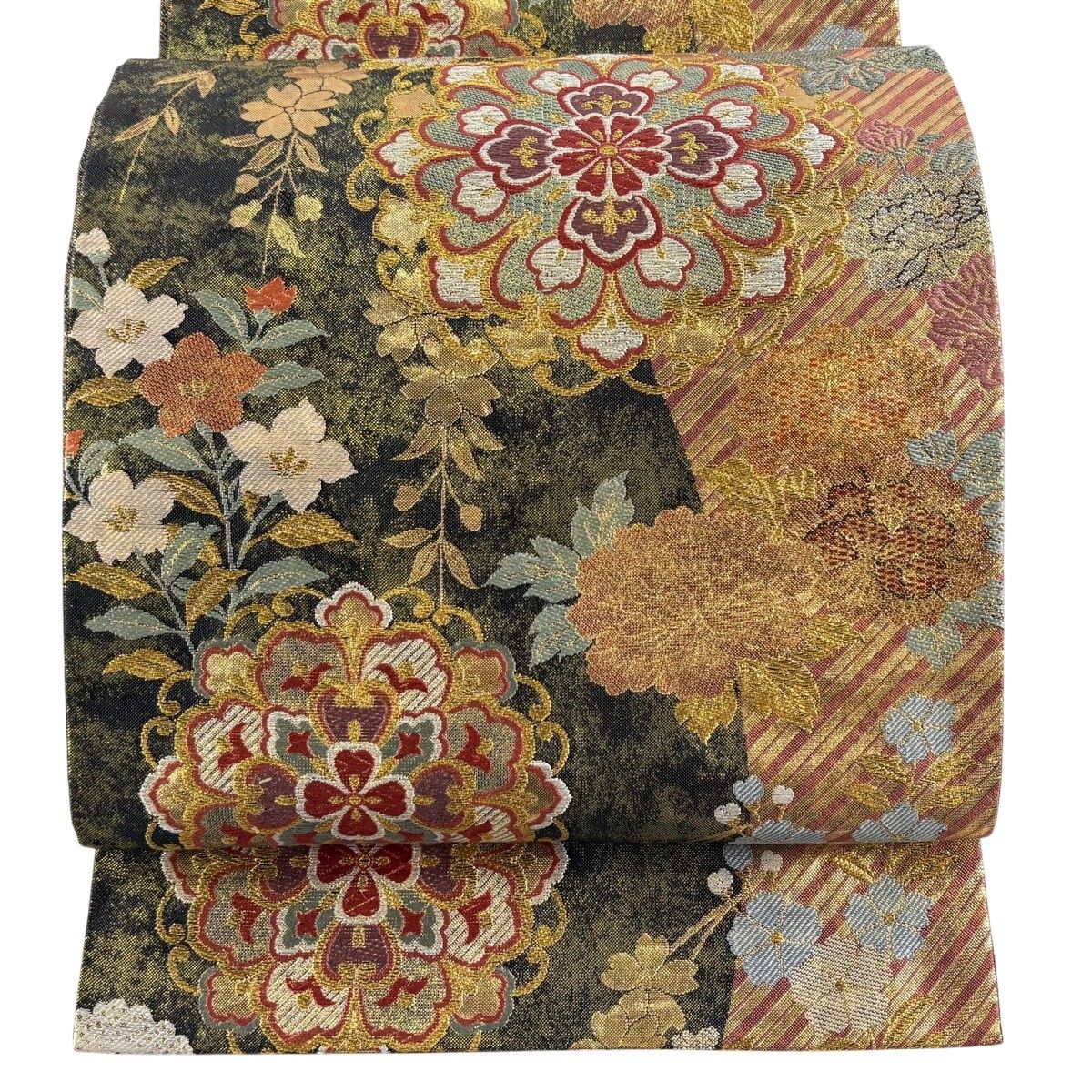 【美品】 袋帯 秀品 華文 枝垂れ桜 箔 金銀糸 墨色 全通 正絹 【中古】