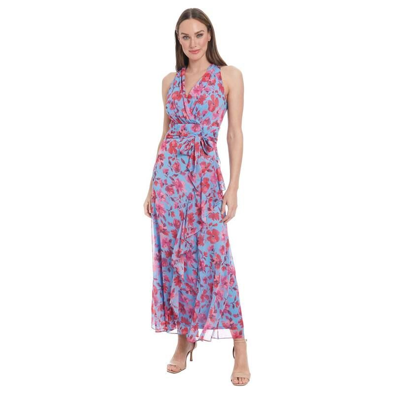 ロンドンタイムス レディース トップス ワンピース プチ マキシ ホルター Petite London Times Halter Maxi Dress with Sash Belt Blue Pink