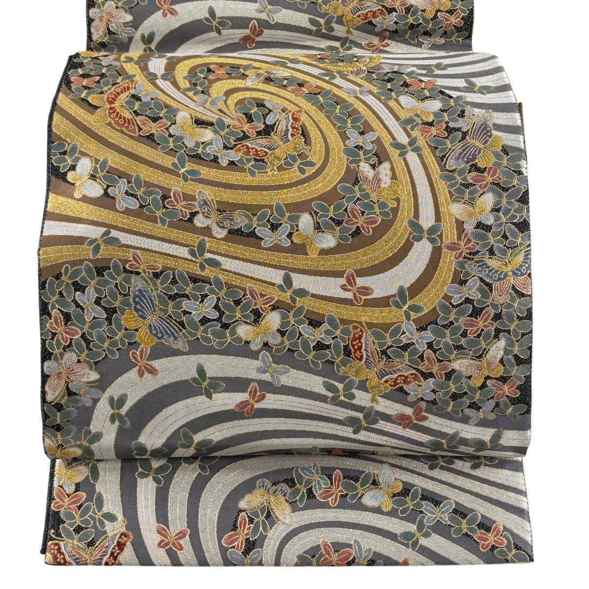 【美品】 袋帯 秀品 群蝶文 流水 箔 金銀糸 灰色 六通 正絹 【中古】