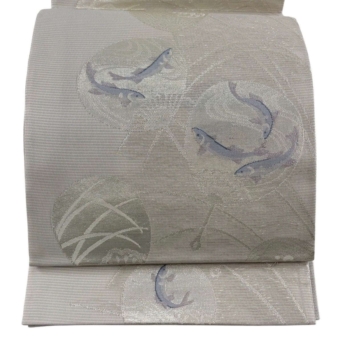 【美品】 袋帯 秀品 夏帯 絽 魚 団扇 箔 灰白 六通 正絹 【中古】 8,850円