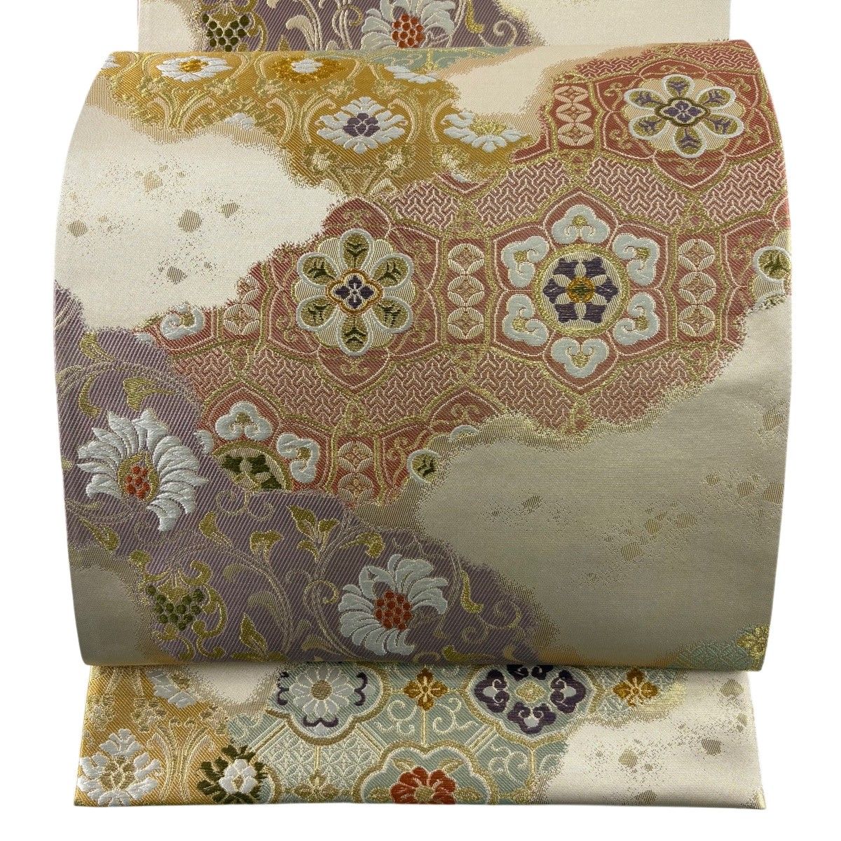 【美品】 袋帯 秀品 花唐草 華文 金糸 箔 ベージュ 六通 正絹 【中古】