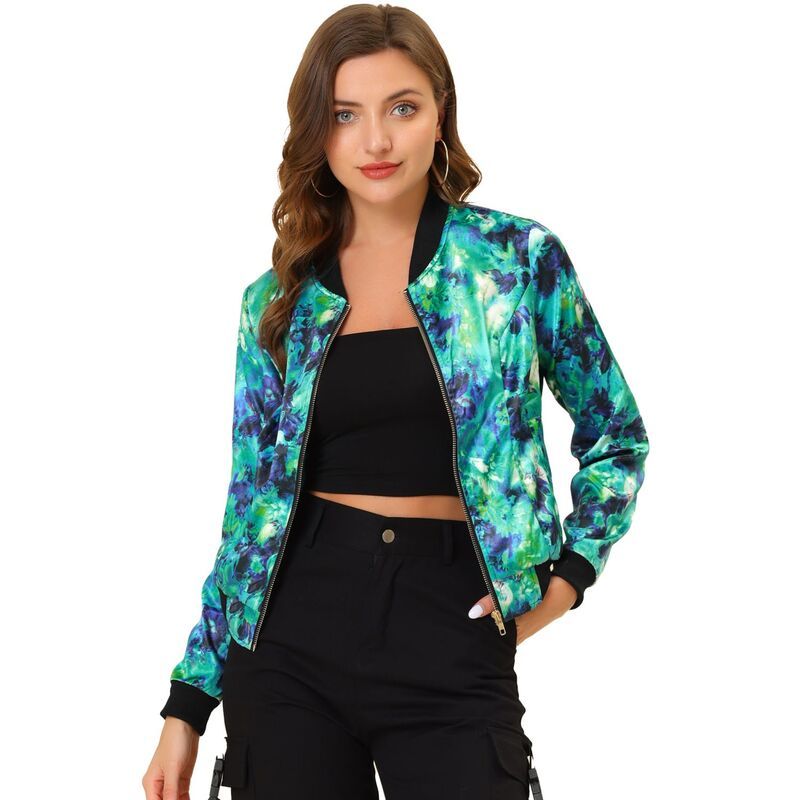 アレグラ ケー レディース アウター ジャケット・ブルゾン フラワー柄 プリント フラワー ALLEGRA K Womenstand Collar Zip up Floral Prints Crop