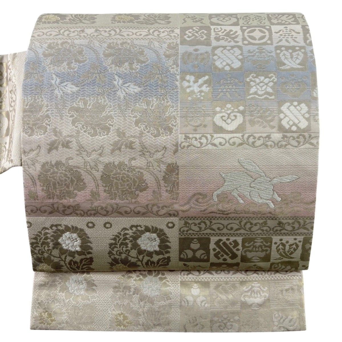 【美品】 名古屋帯 秀品 うさぎ 花唐草 金糸 箔 ベージュ 正絹 【中古】