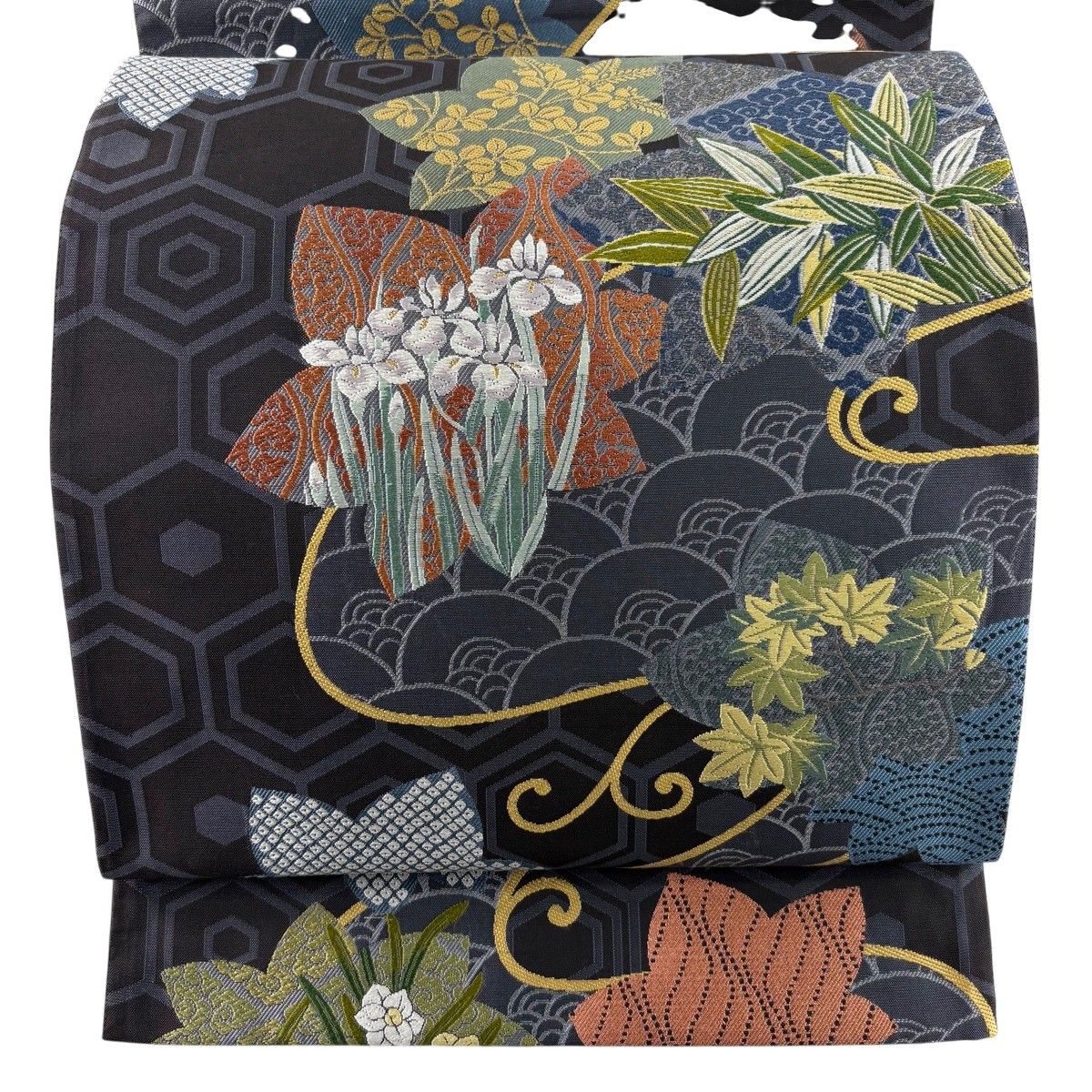 【美品】 袋帯 秀品 楓 草花 唐織 金糸 黒灰 六通 正絹 【中古】