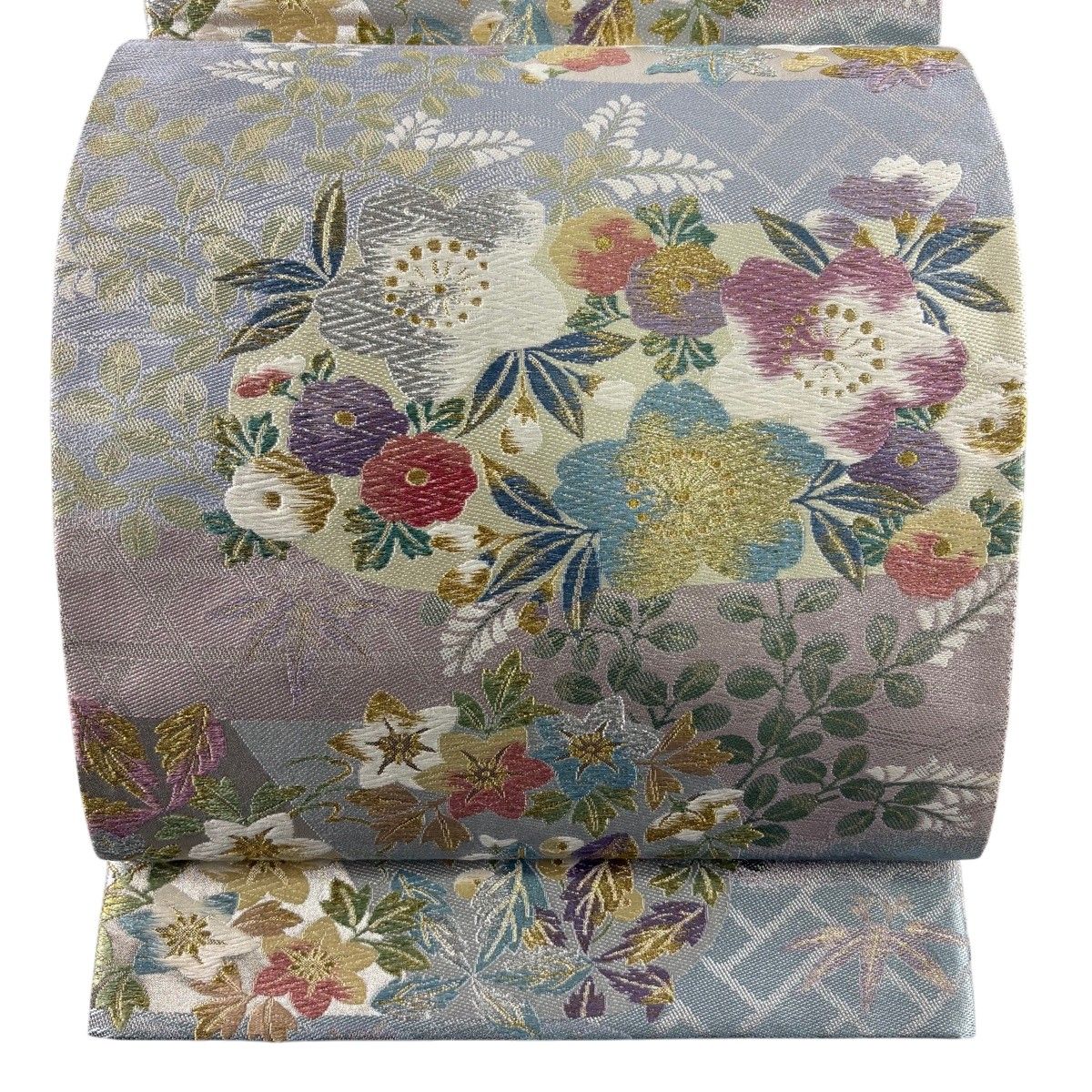 【美品】 袋帯 秀品 桜 草花 金銀糸 唐織 青灰色 六通 正絹 【中古】