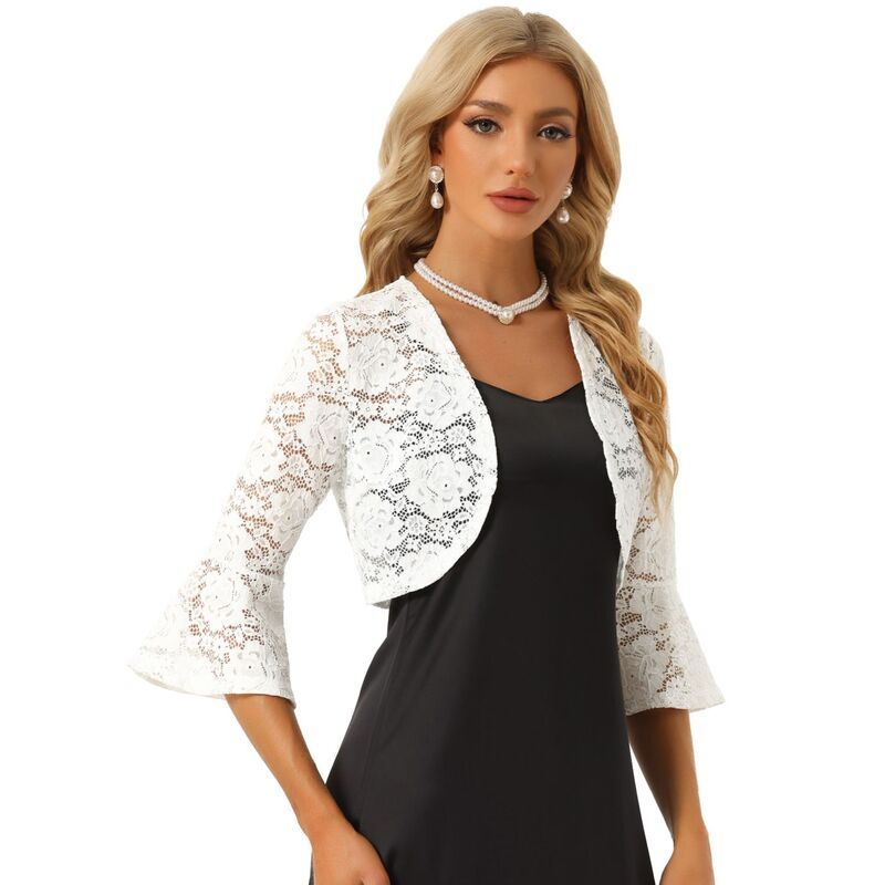 アレグラ ケー レディース アウター ニット・セーター フラワー柄 カーディガン クロップド レース フラワー ALLEGRA K Floralace Cardigan for Womens Bell