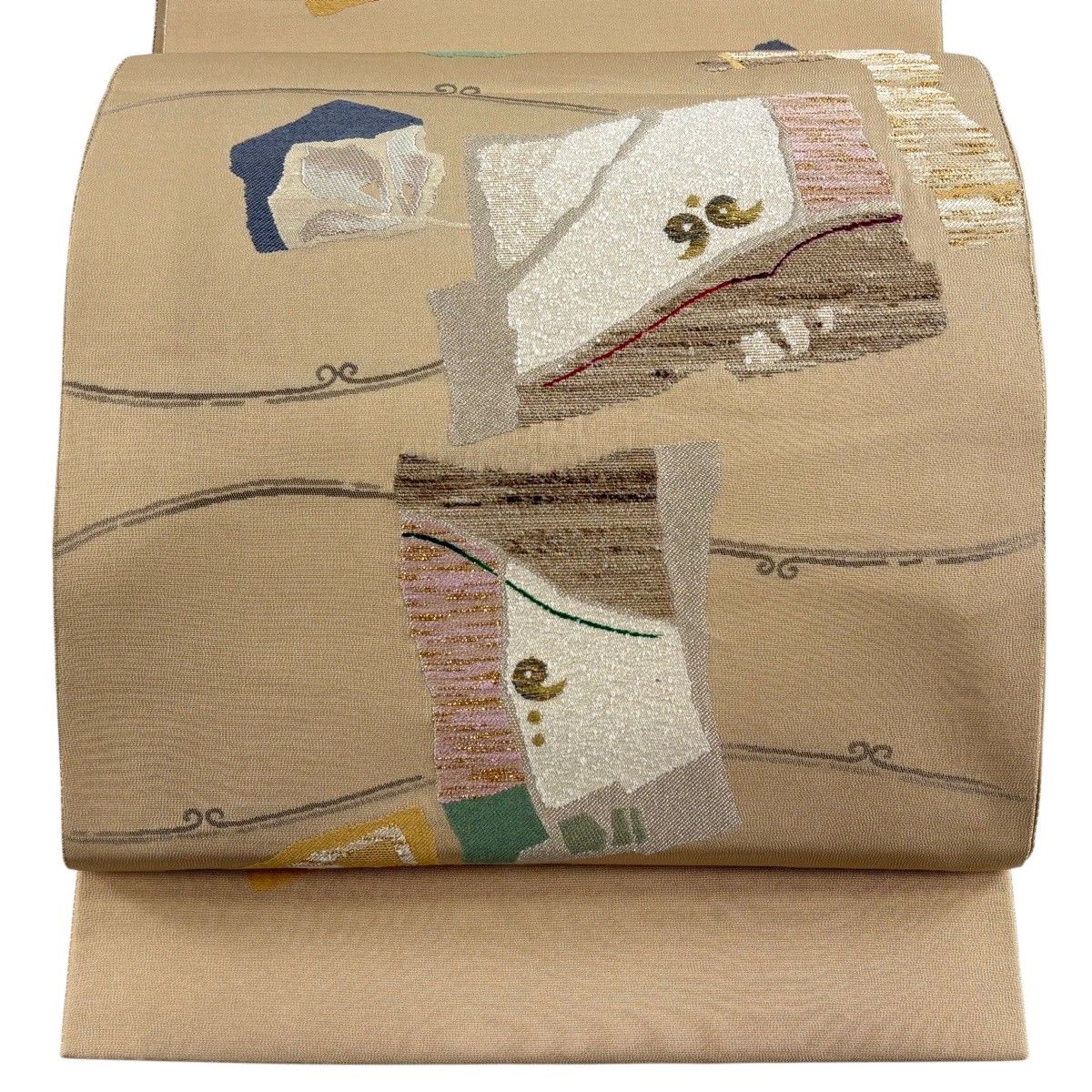 【美品】 袋帯 秀品 草花 幾何学模様 箔 金糸 薄茶色 六通 正絹 【中古】