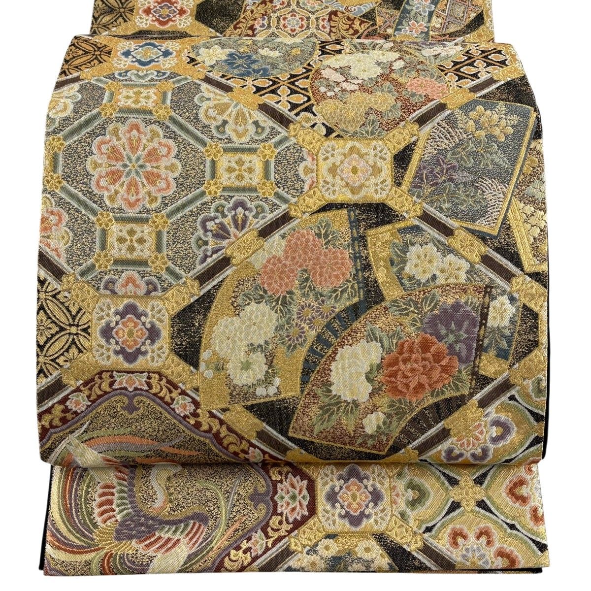 【美品】 袋帯 秀品 扇 鳳凰 金糸 箔 墨色 六通 正絹 【中古】