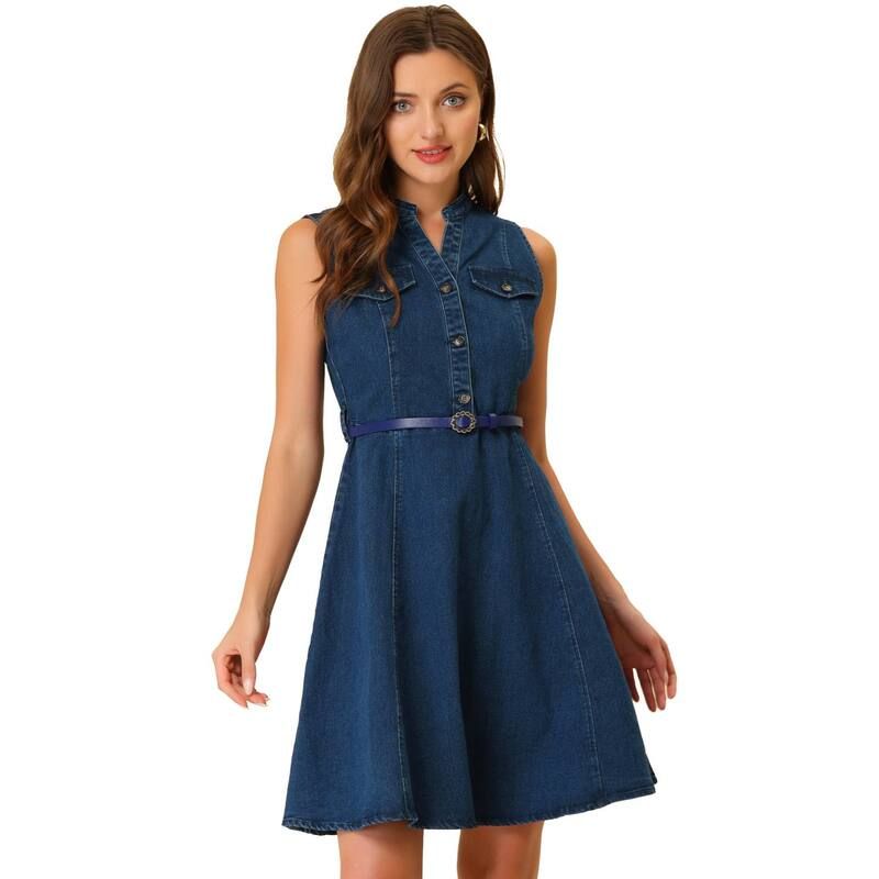 アレグラ ケー レディース トップス ワンピース Vネック シャツ ノースリーブ デニム ALLEGRA K Womens Denim Sleeveless V Neck Belted Fit And