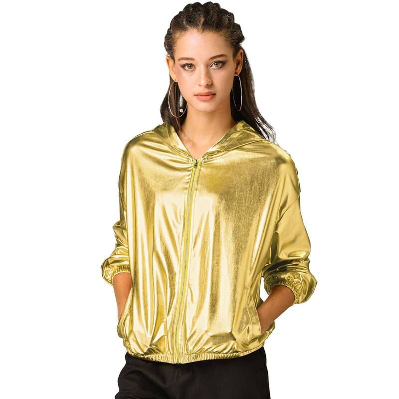 アレグラ ケー レディース アウター ジャケット・ブルゾン トール ALLEGRA K Womenshiny Long Sleeve Zipper Hooded Metallic Jacket Gol