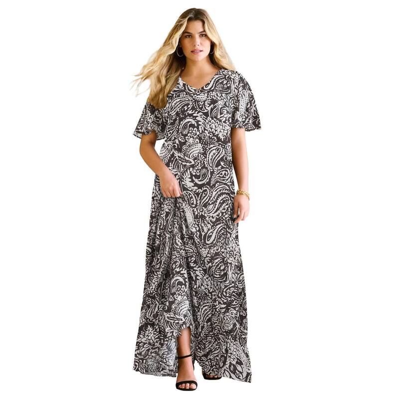 ロアマンズ レディース トップス ワンピース プラスサイズ マキシ Roamans Womens Plusize Hand Crinkled FlutterSleeve Maxi Dress Blac
