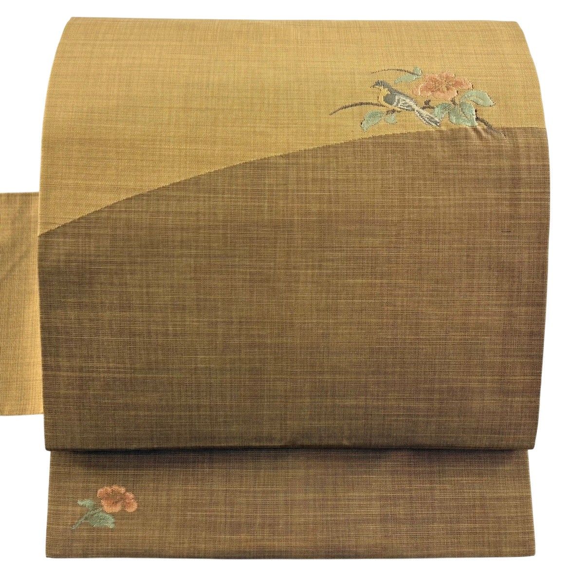 【美品】 名古屋帯 秀品 紬地 草花 鳥 山吹茶色 正絹 【中古】
